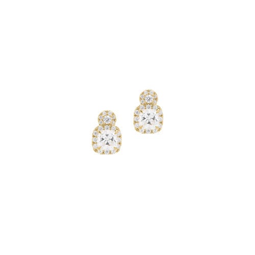 A cushion cut simulated diamond earrings displayed on a neutral white background.