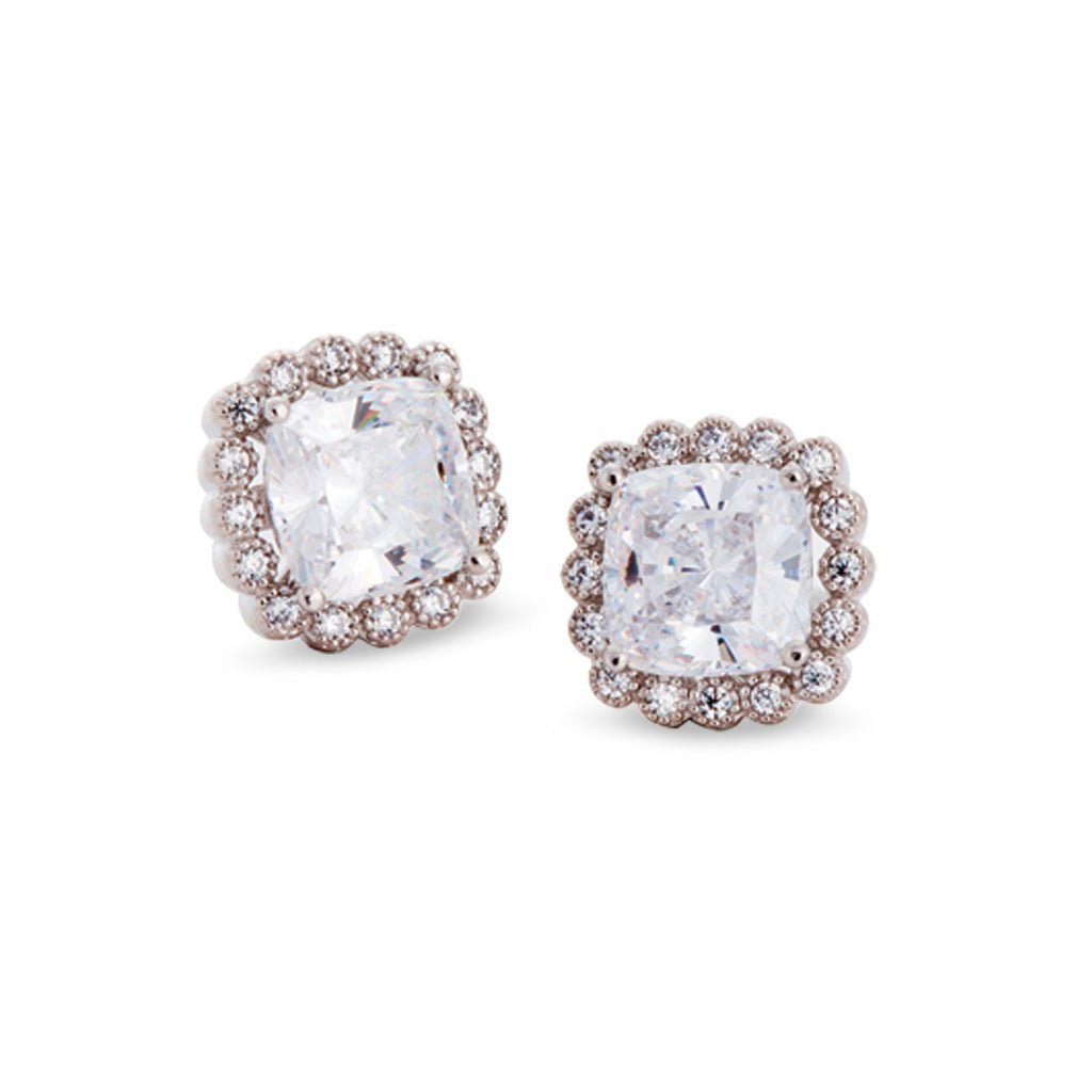 A cushion cut earrings with 32 simulated diamonds displayed on a neutral white background.