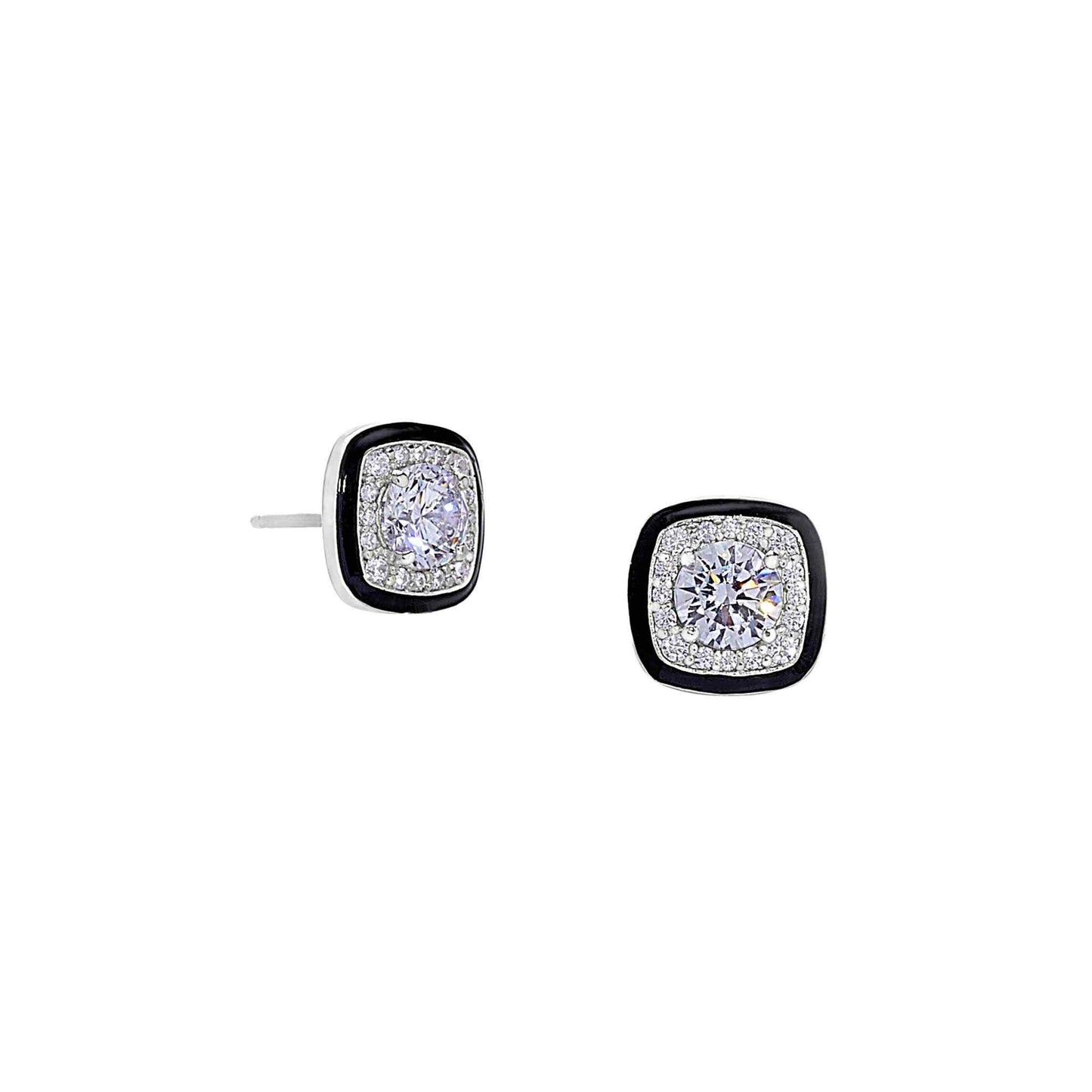 A cushion cut earrings with thin black enamel and simulated diamonds displayed on a neutral white background.