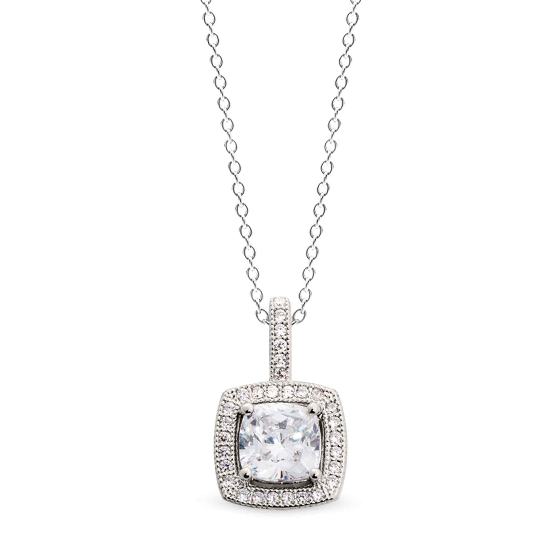 A cushion cut necklace with 30 simulated diamonds displayed on a neutral white background.