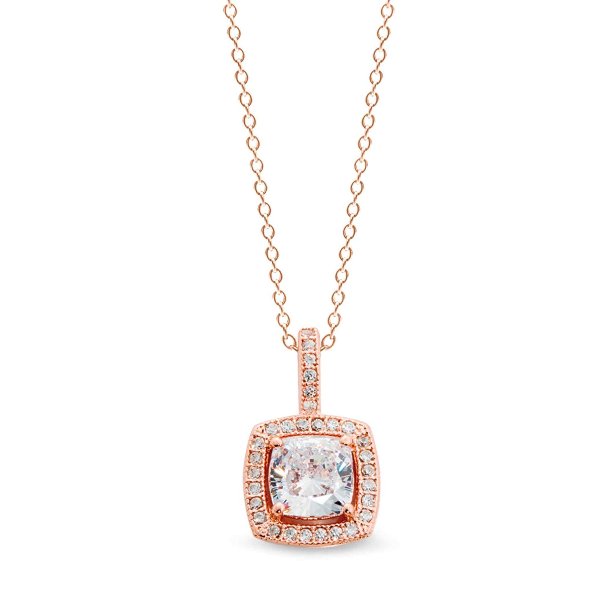 A cushion cut necklace with 30 simulated diamonds displayed on a neutral white background.
