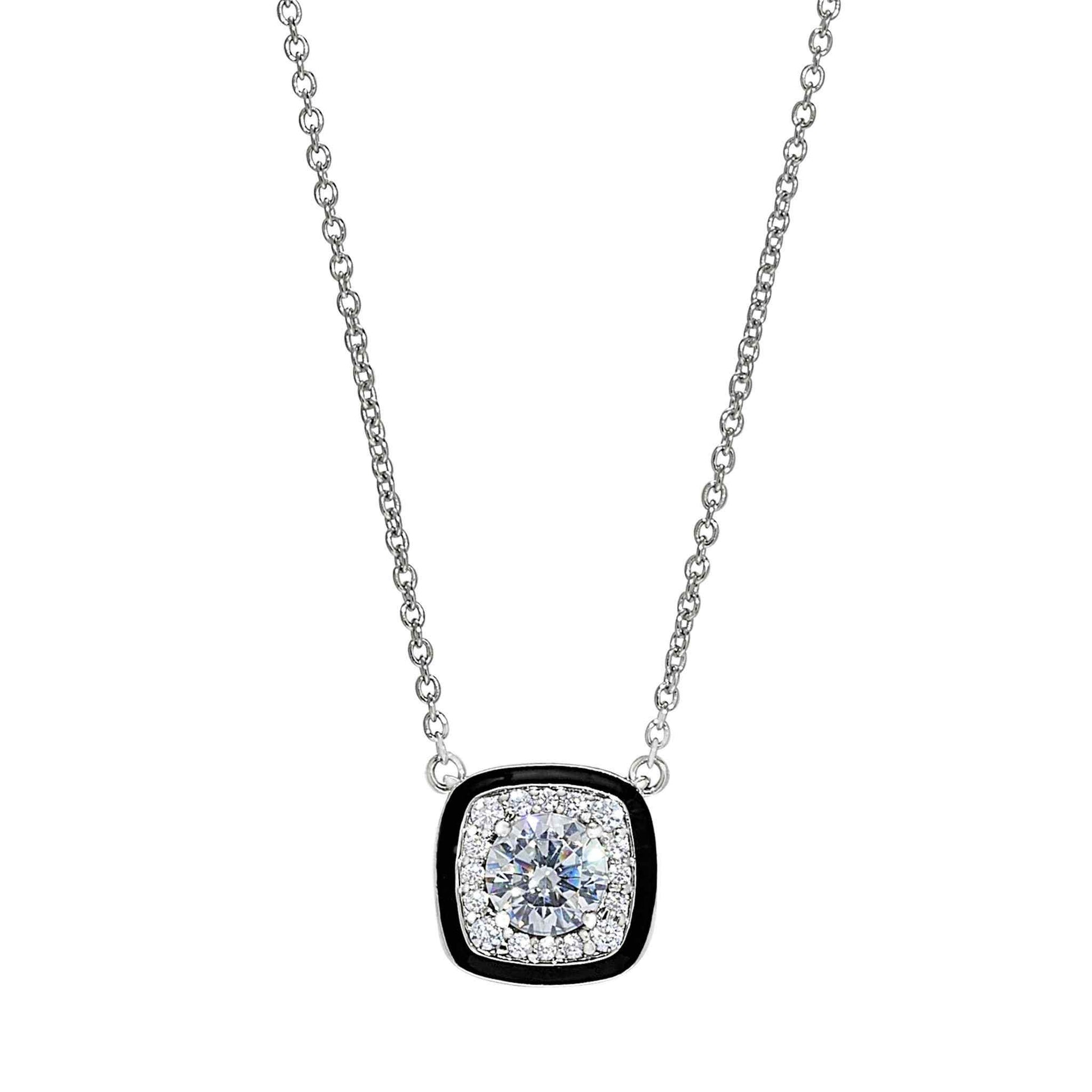 A cushion cut necklace with thin black enamel and simulated diamonds displayed on a neutral white background.