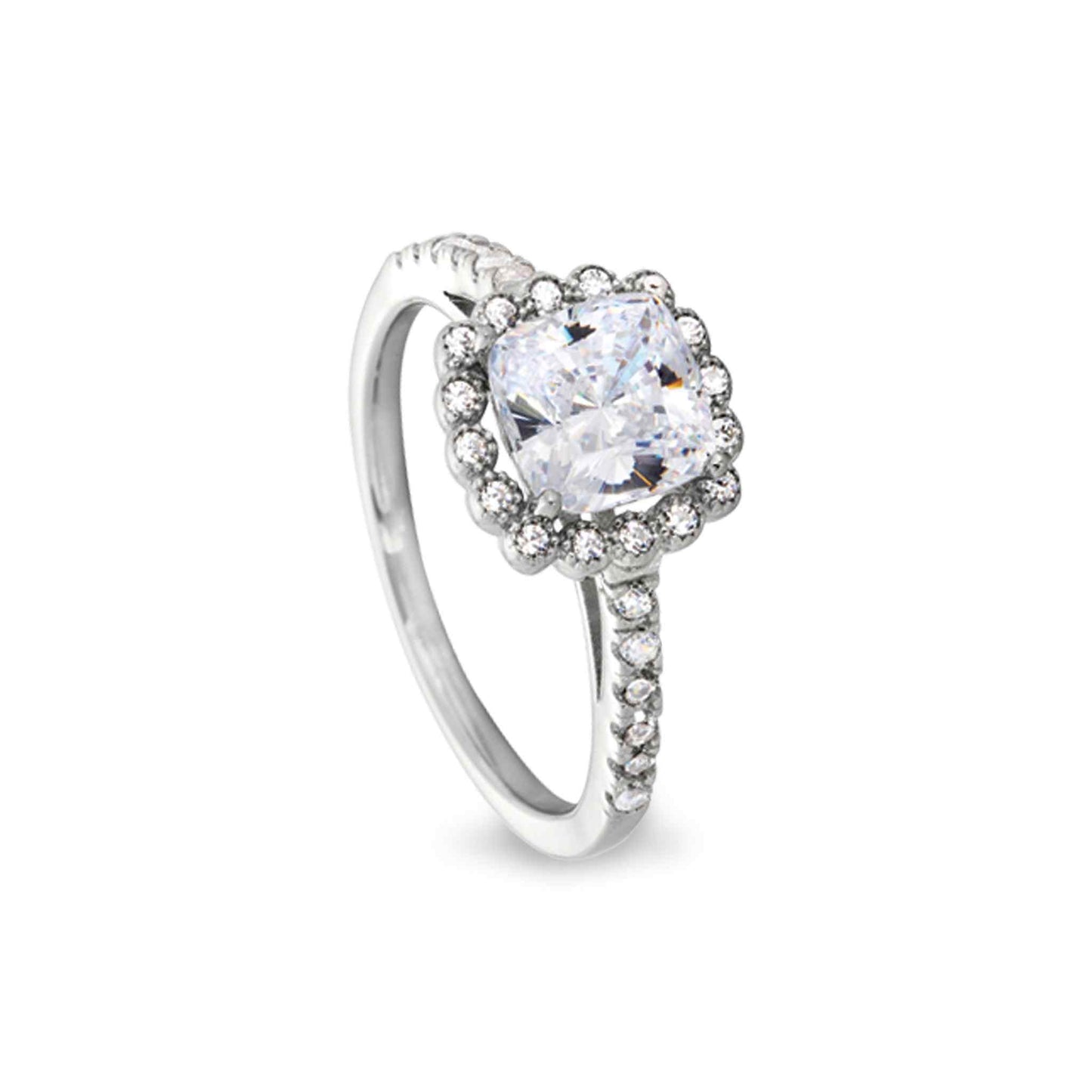 A cushion cut ring with 28 simulated diamonds displayed on a neutral white background.