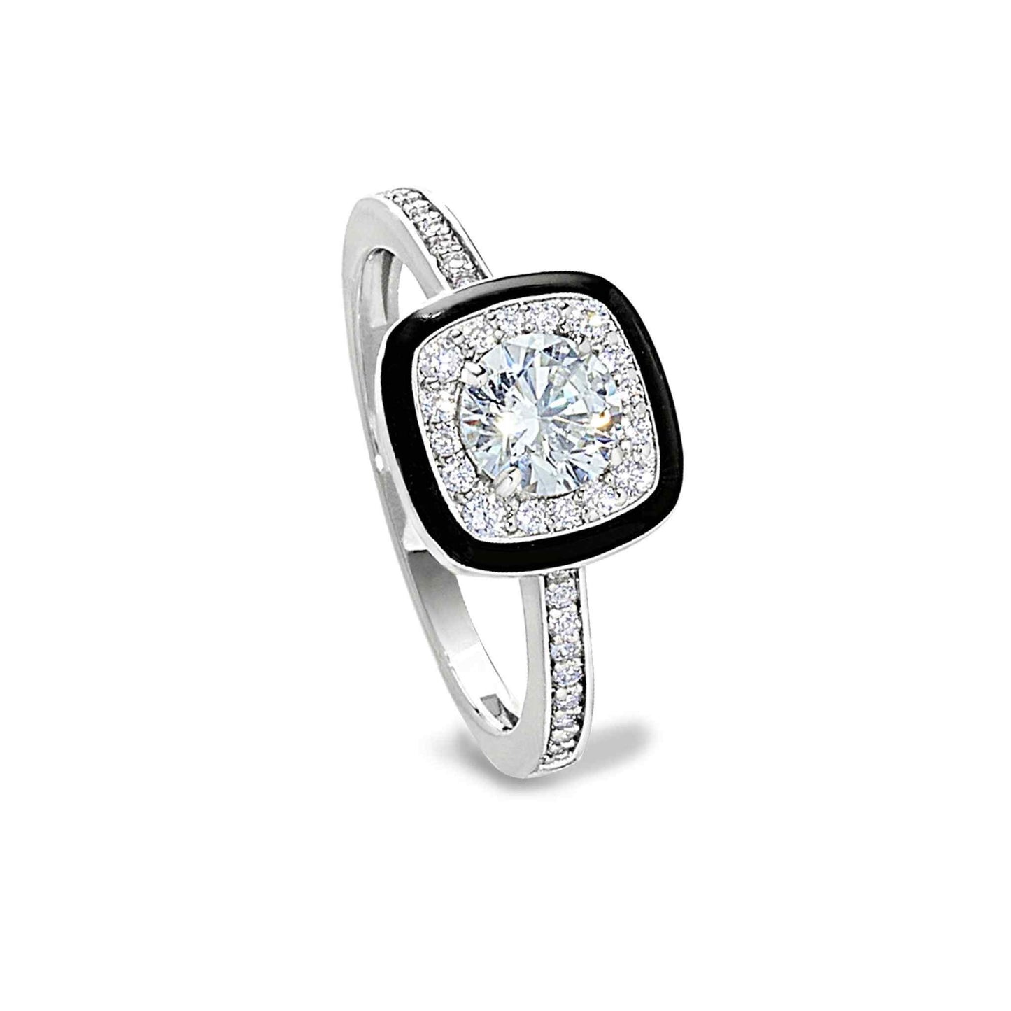 A cushion cut ring with thin black enamel and simulated diamonds displayed on a neutral white background.