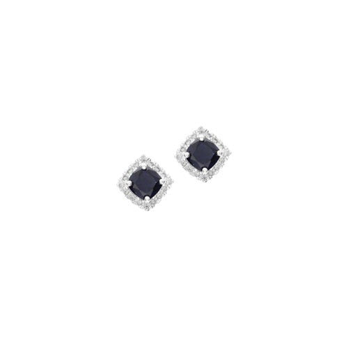 A cushion cut sapphire simulated diamond earrings displayed on a neutral white background.
