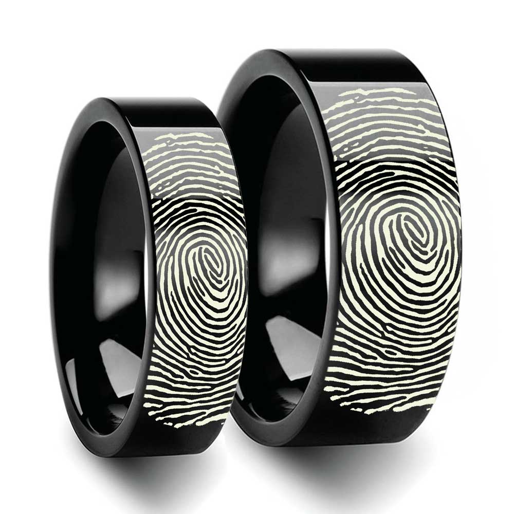 Custom Fingerprint Engraved Black Tungsten Couple's Matching Wedding Band Set