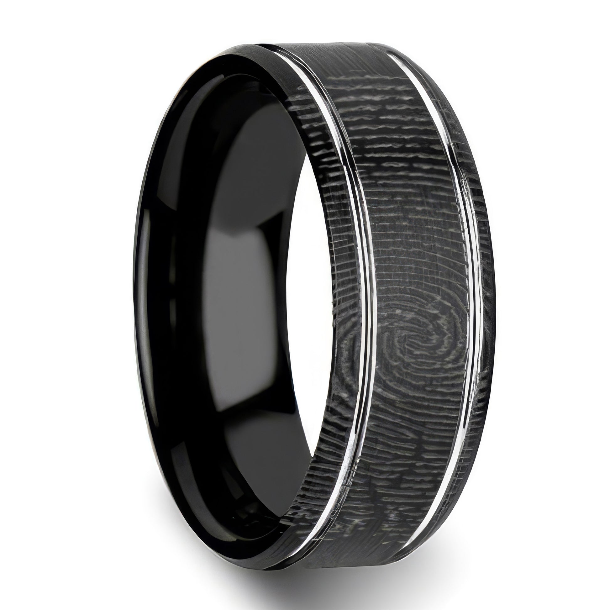 Custom Fingerprint Engraved Black Tungsten Wedding Band