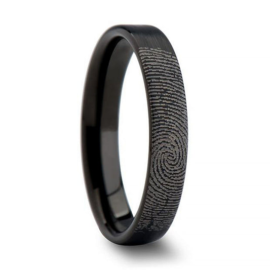 Custom Fingerprint Engraved Brushed Black Tungsten Wedding Band