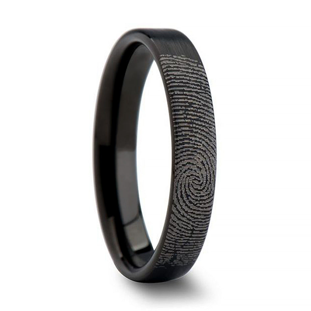 Custom Fingerprint Engraved Brushed Black Tungsten Wedding Band