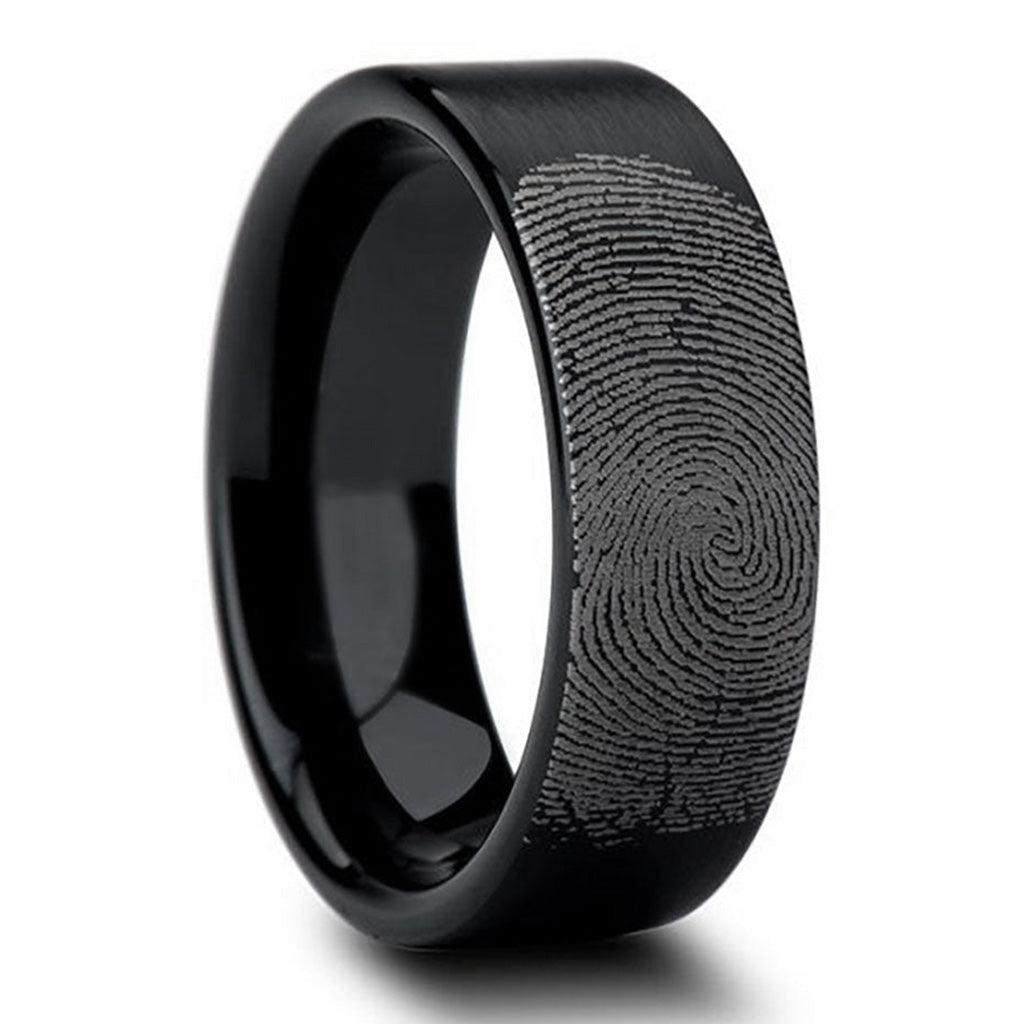 Custom Fingerprint Engraved Brushed Black Tungsten Wedding Band
