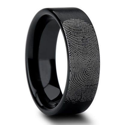 Custom Fingerprint Engraved Brushed Black Tungsten Wedding Band