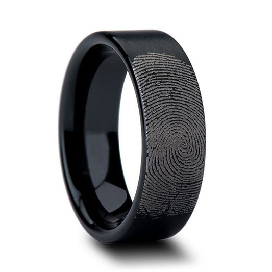 Custom Fingerprint Engraved Brushed Black Tungsten Wedding Band