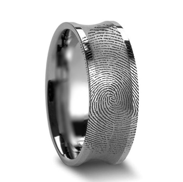 Custom Fingerprint Engraved Concave Tungsten Wedding Band