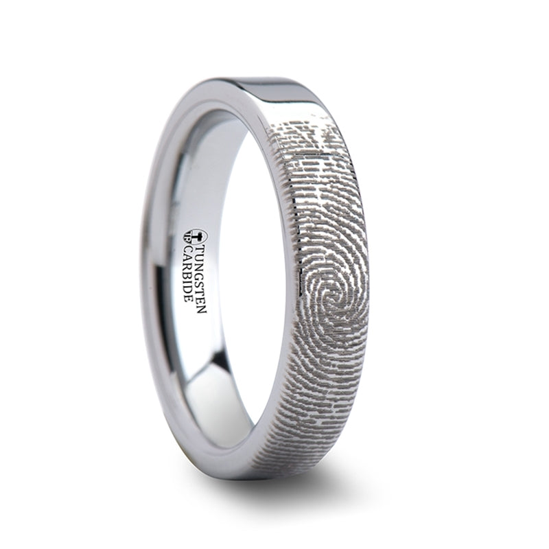 Custom Fingerprint Engraved Flat Tungsten Wedding Band