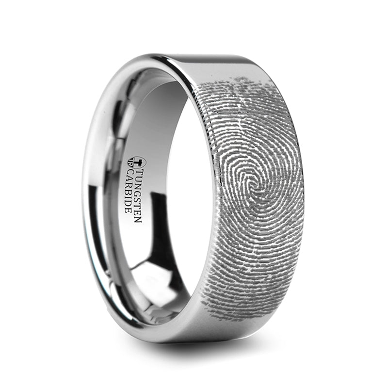 Custom Fingerprint Engraved Flat Tungsten Wedding Band