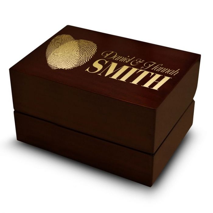 Customized Couple's Heart Fingerprint Chocolate Wood Wedding Ring Box
