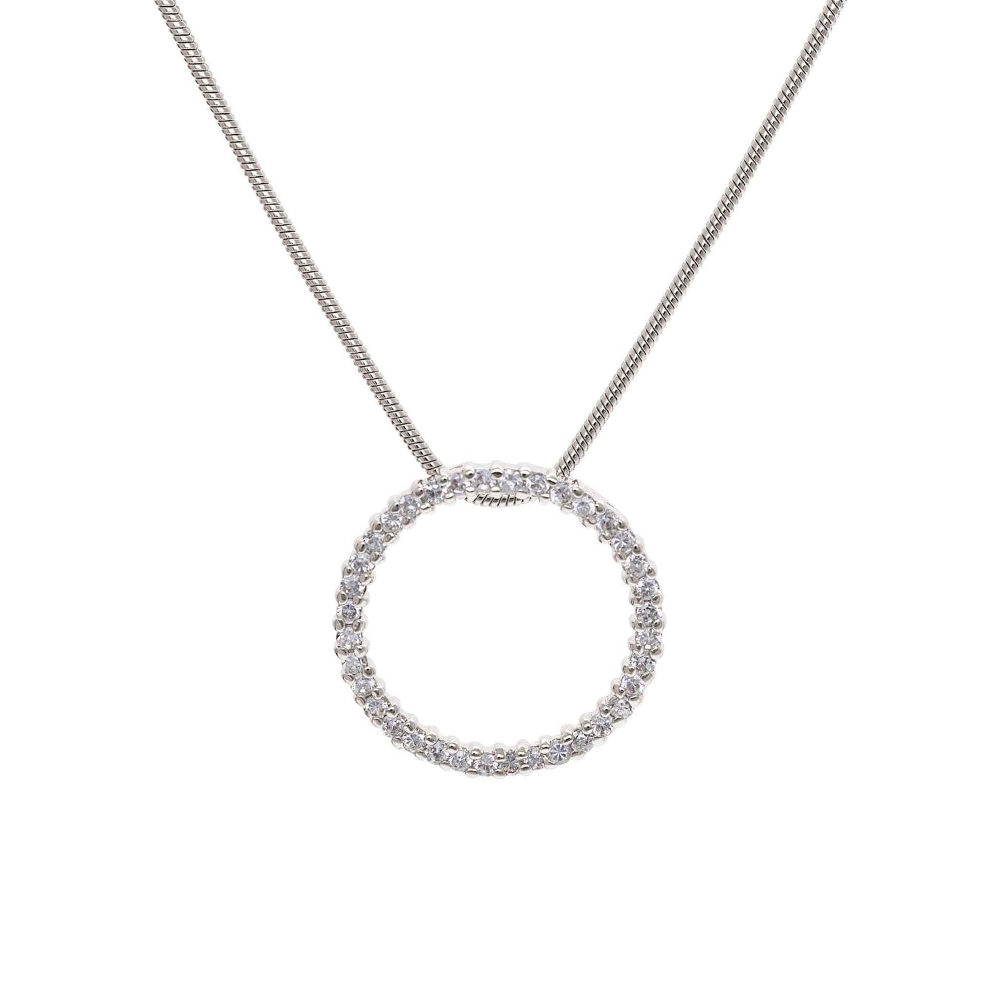 A simulated diamond circle necklace displayed on a neutral white background.
