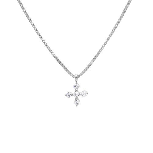 A simulated diamond cross necklace on 18" box link chain displayed on a neutral white background.