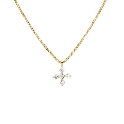 A simulated diamond cross necklace on 18" box link chain displayed on a neutral white background.