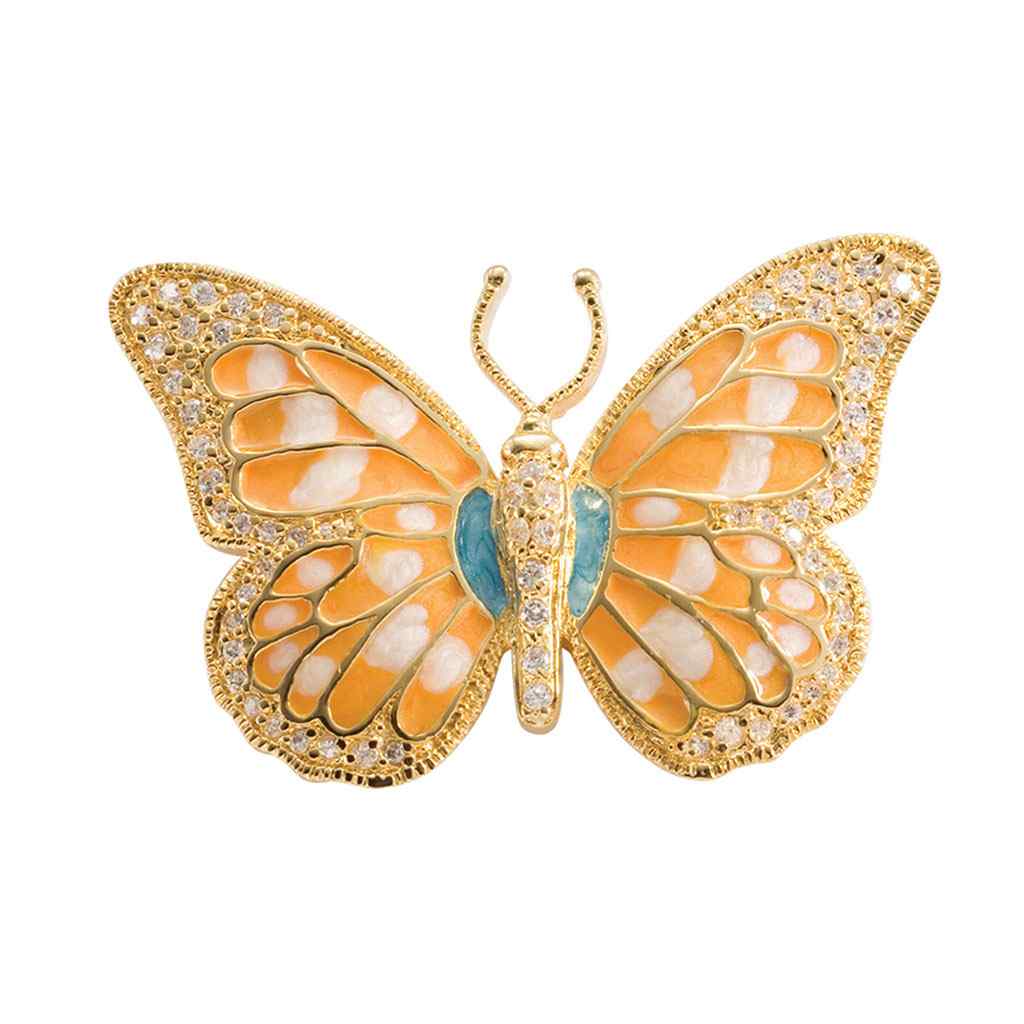 A simulated diamond enamel butterfly pin displayed on a neutral white background.