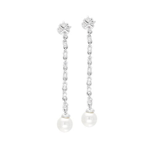 A simulated diamond & fresh water pearl drop earrings with rhodium finish displayed on a neutral white background.