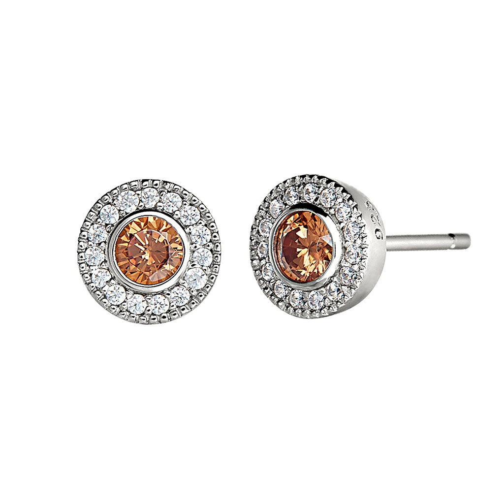A simulated diamond halo-style birthstone earrings displayed on a neutral white background.