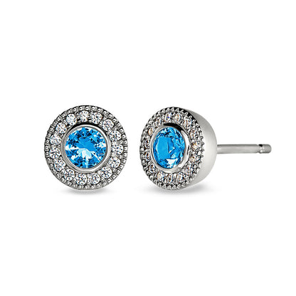 A simulated diamond halo-style birthstone earrings displayed on a neutral white background.