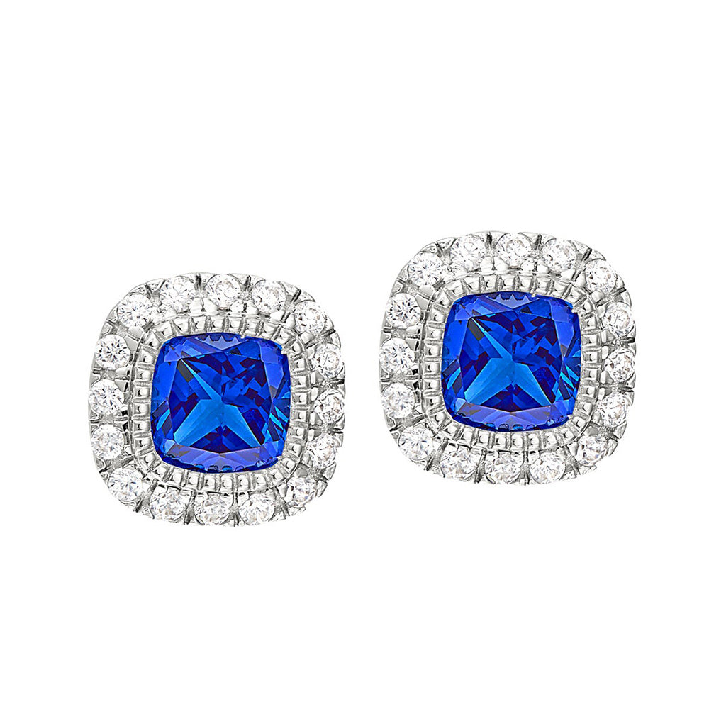 A simulated diamond halo-style square birthstone earrings displayed on a neutral white background.