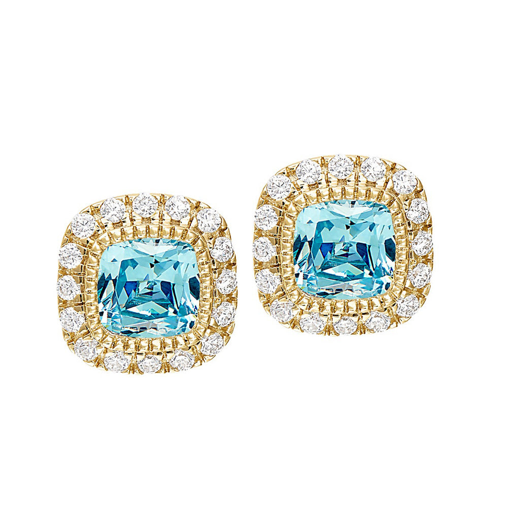 A simulated diamond halo-style square birthstone earrings displayed on a neutral white background.