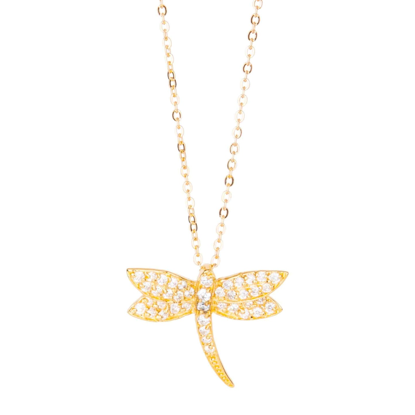 A simulated diamond pave dragonfly necklace displayed on a neutral white background.