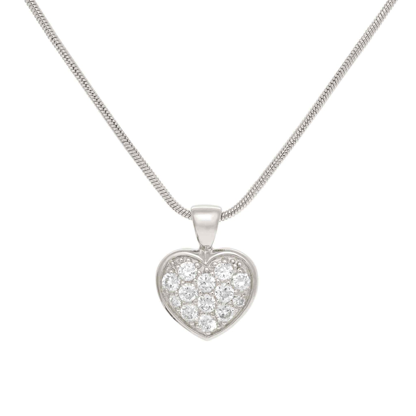 A simulated diamond pave heart necklace displayed on a neutral white background.