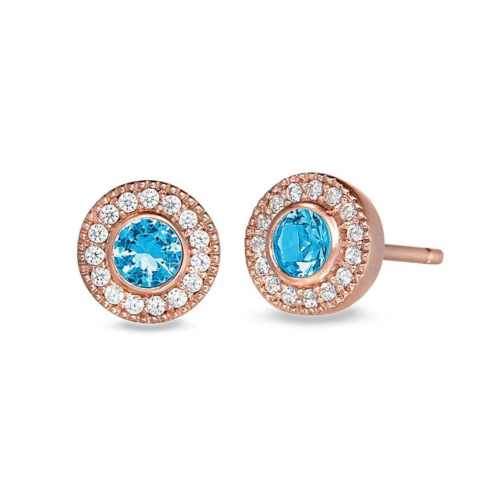 A simulated diamond rose gold halo-style birthstone earrings displayed on a neutral white background.