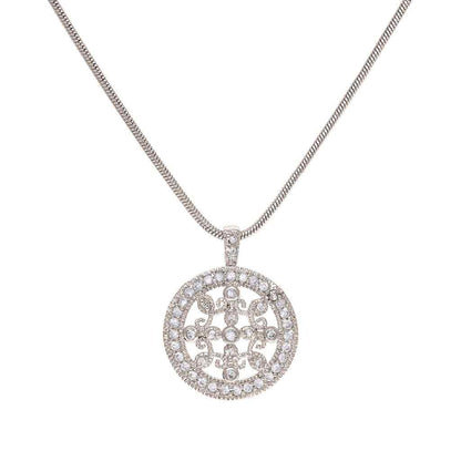 A simulated diamond round filligree necklace displayed on a neutral white background.