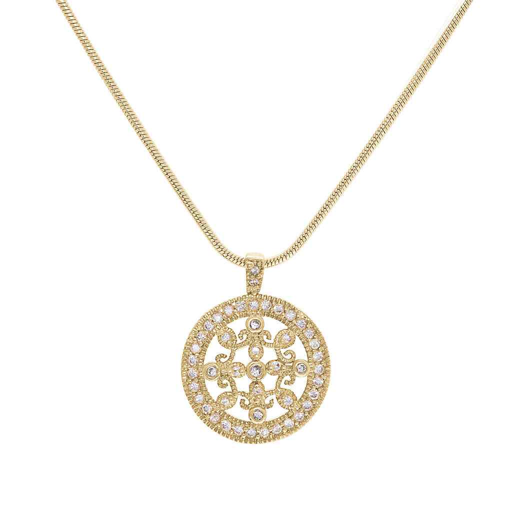 A simulated diamond round filligree necklace displayed on a neutral white background.