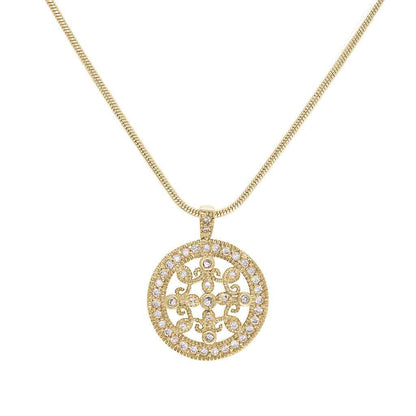 A simulated diamond round filligree necklace displayed on a neutral white background.