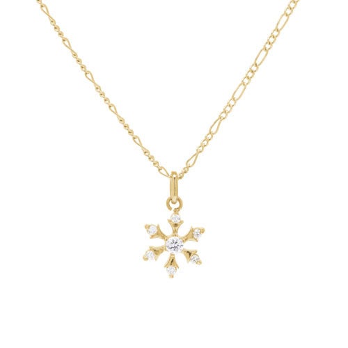 A snowflake necklace with simulated diamonds displayed on a neutral white background.