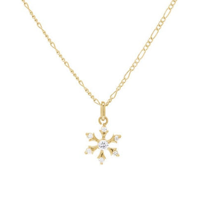 A snowflake necklace with simulated diamonds displayed on a neutral white background.