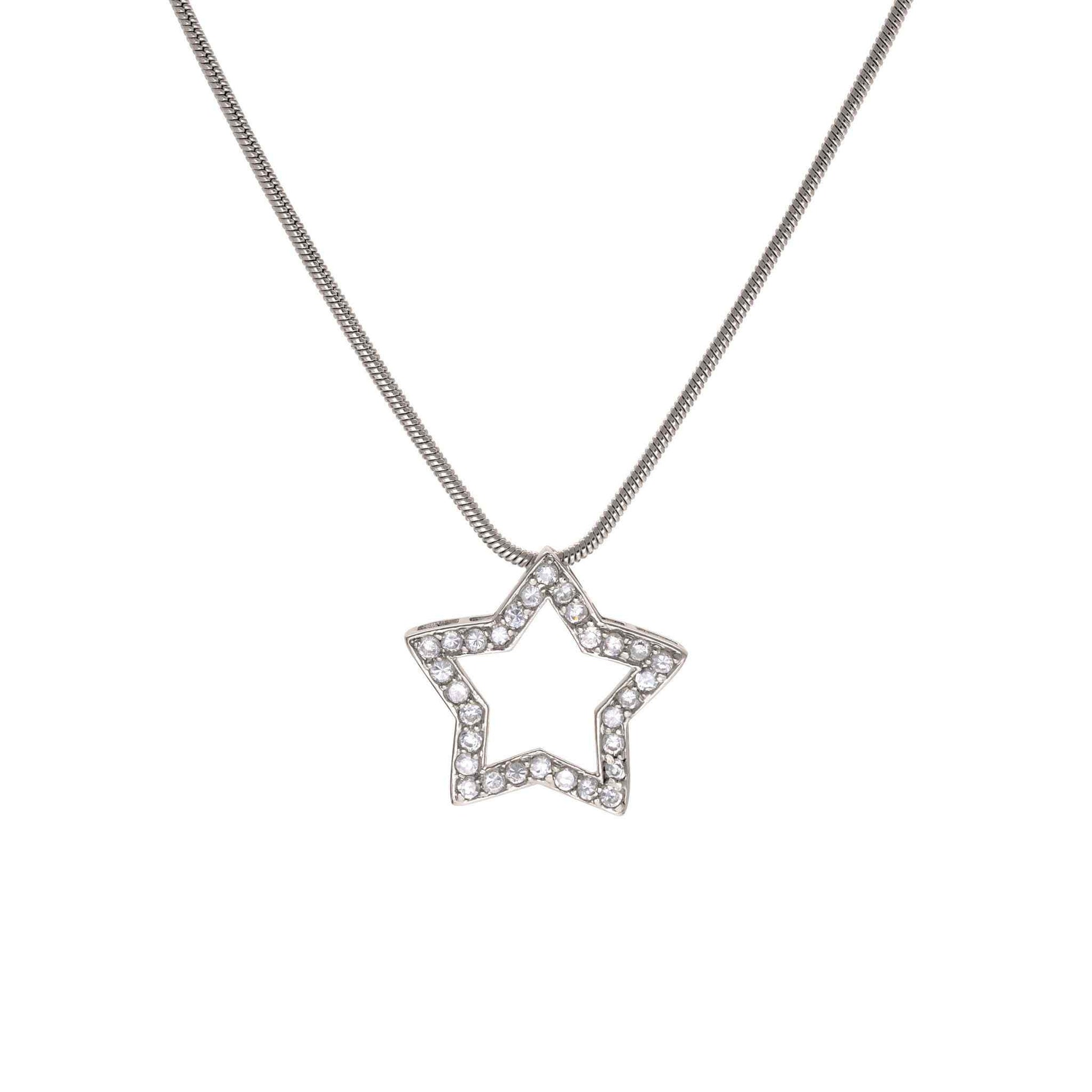 A simulated diamond star necklace displayed on a neutral white background.