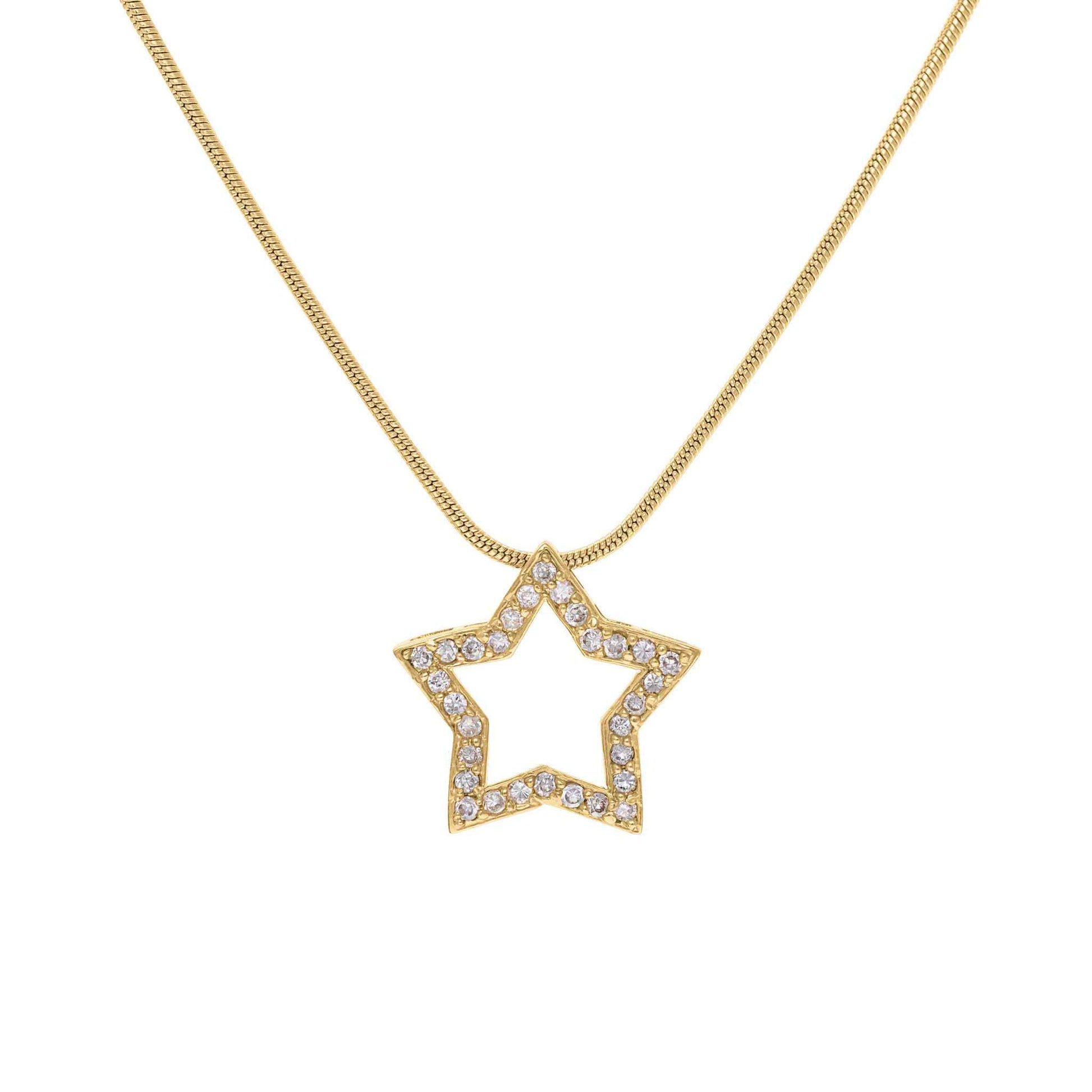 A simulated diamond star necklace displayed on a neutral white background.