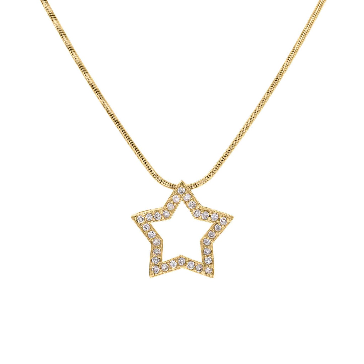 A simulated diamond star necklace displayed on a neutral white background.