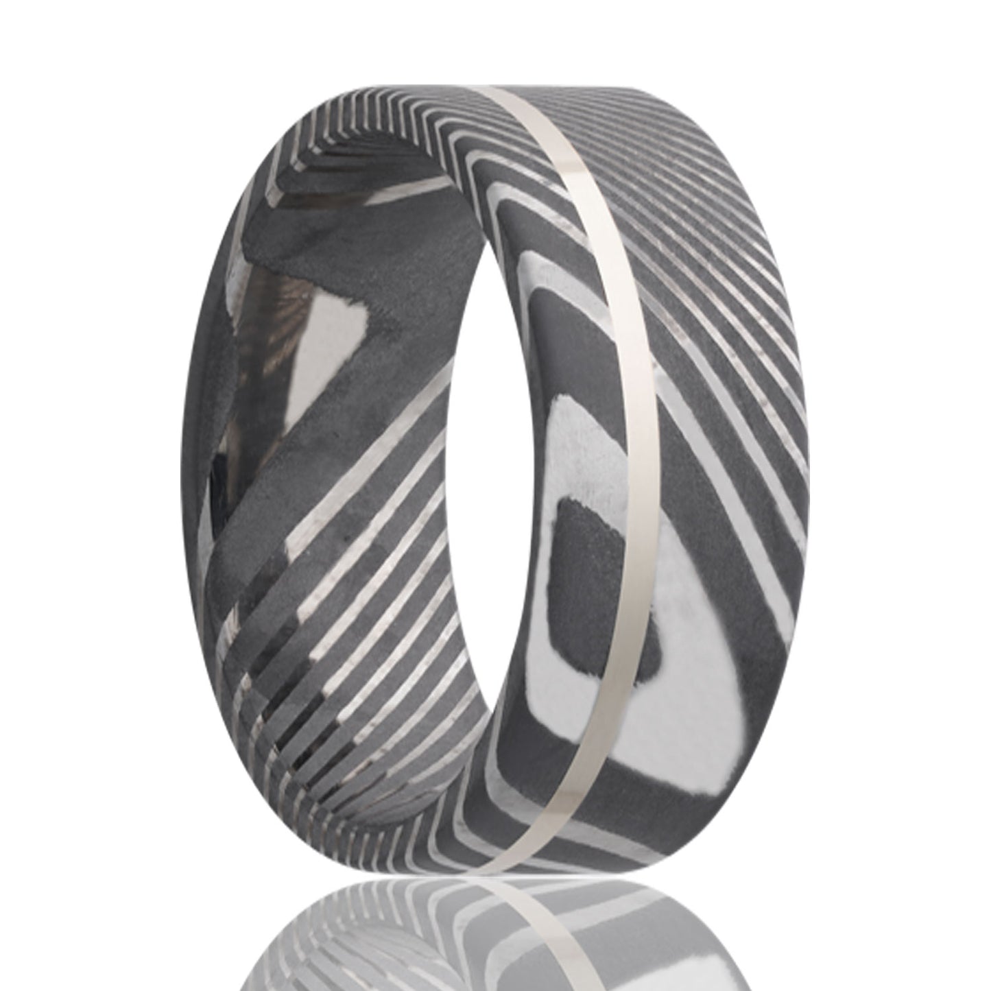 A asymmetrical silver inlay damascus steel men's wedding band displayed on a neutral white background.