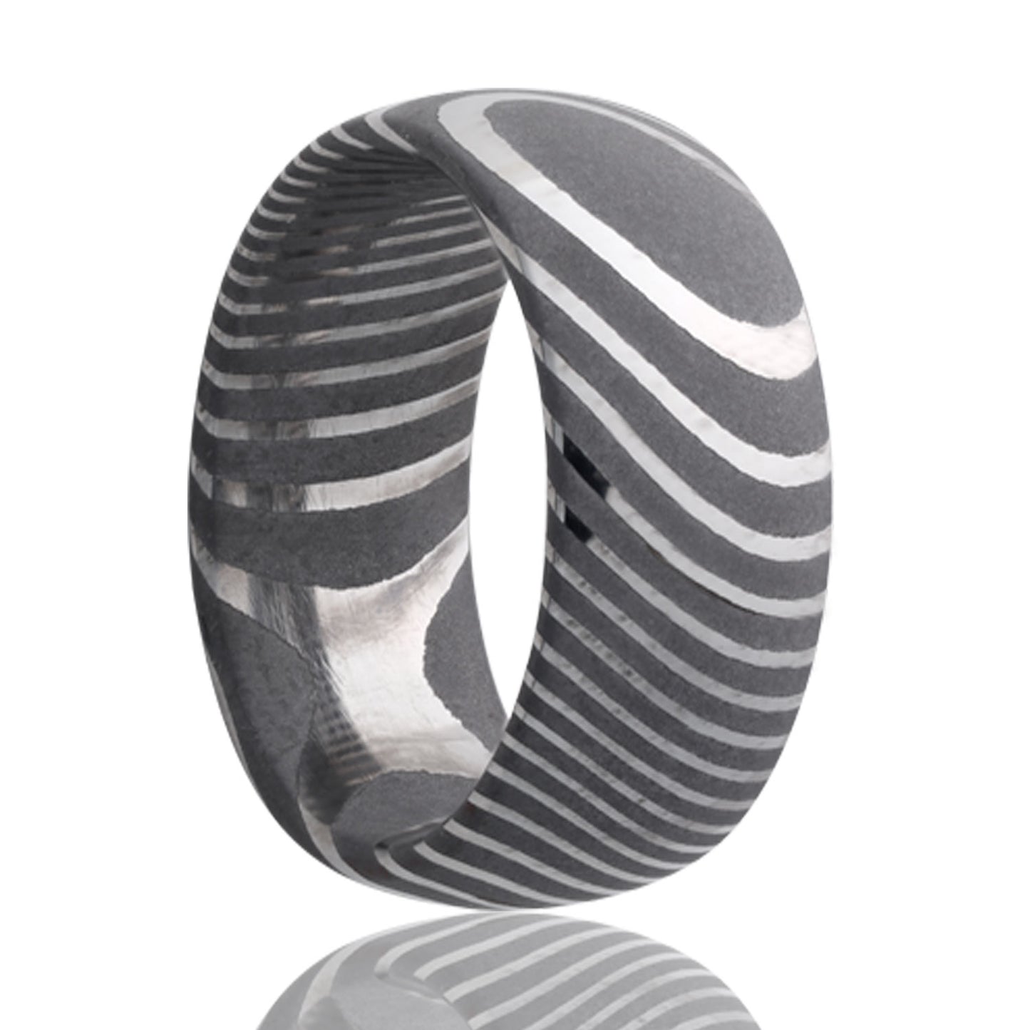 A domed damascus steel wedding band displayed on a neutral white background.