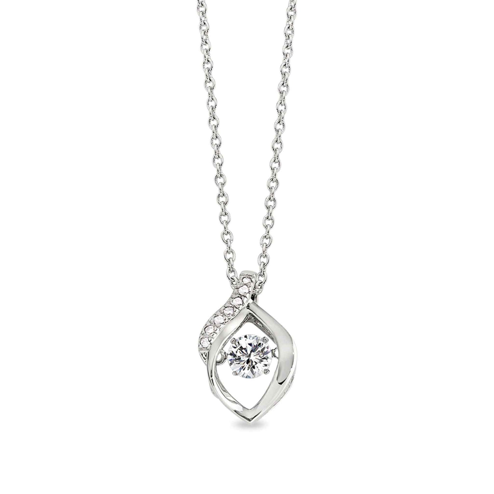 A dancing stone flame shaped pendant with simulated diamonds displayed on a neutral white background.