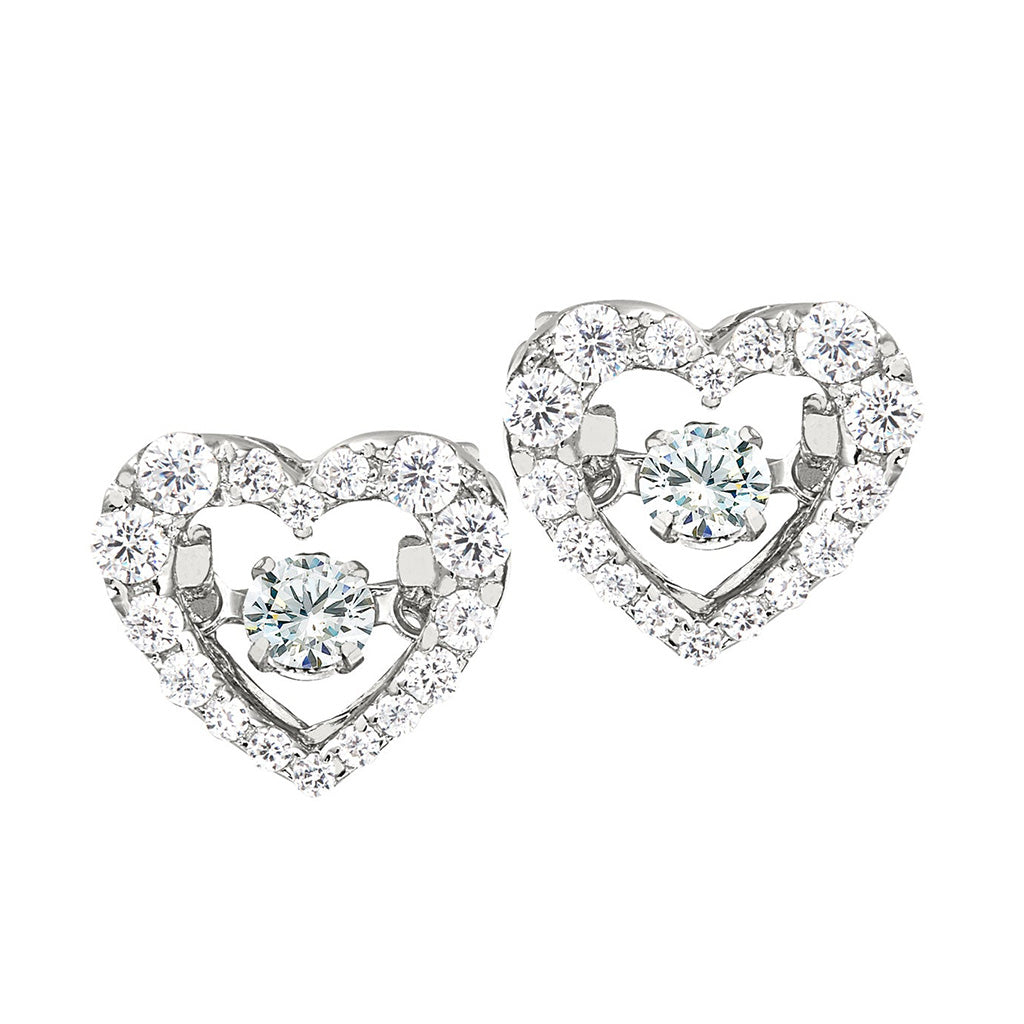 A dancing stone heart earrings with simulated diamonds displayed on a neutral white background.