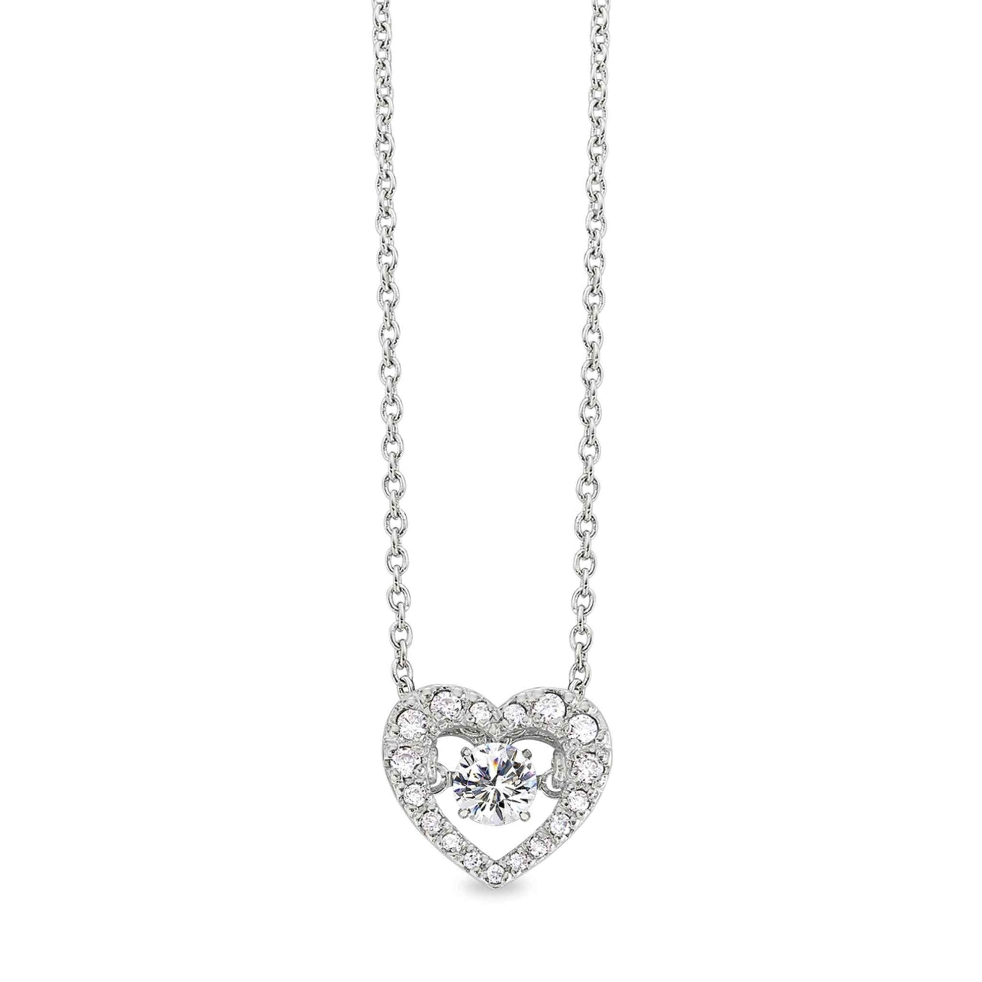 A dancing stone heart necklace with simulated diamonds displayed on a neutral white background.