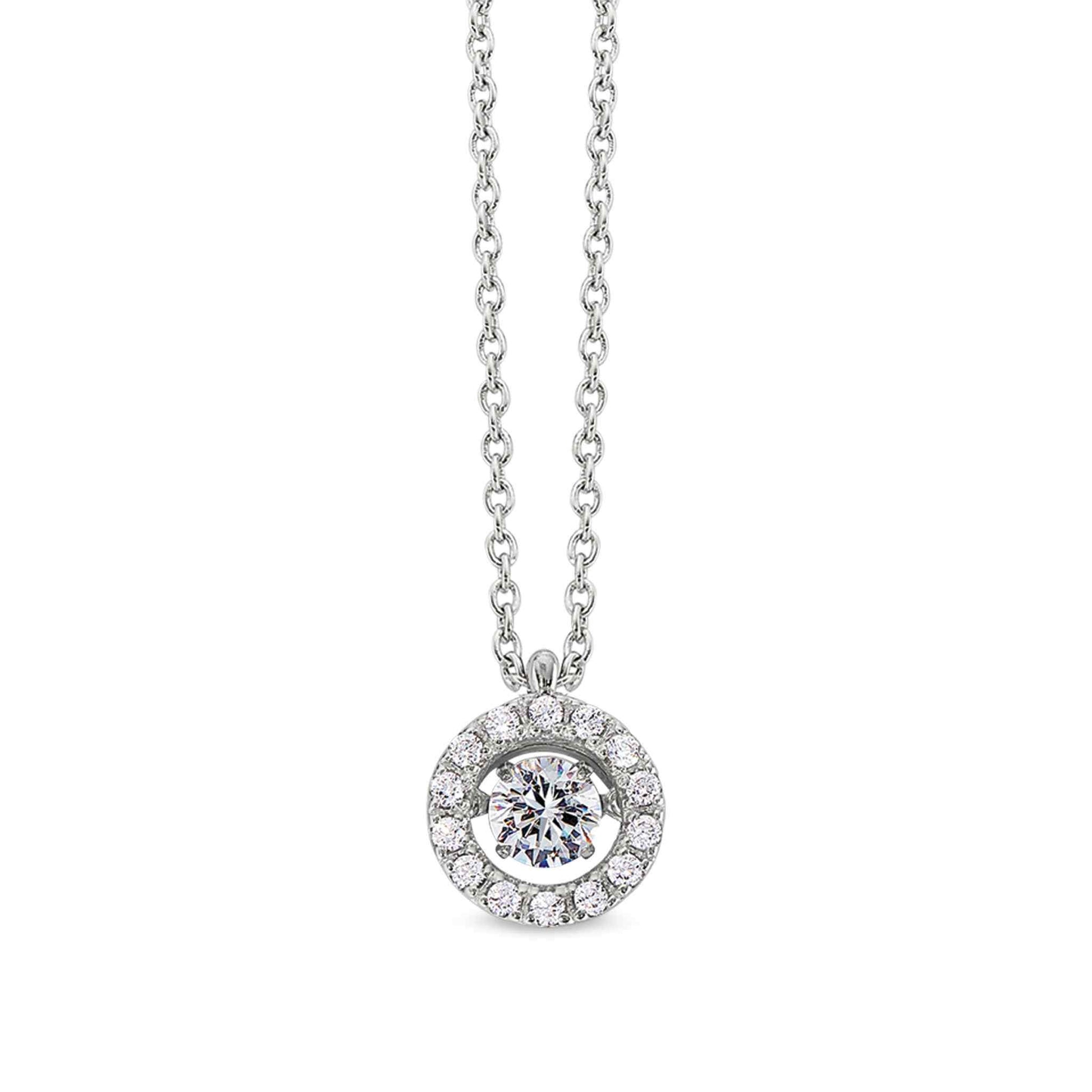 A dancing stone round pendant with simulated diamonds displayed on a neutral white background.