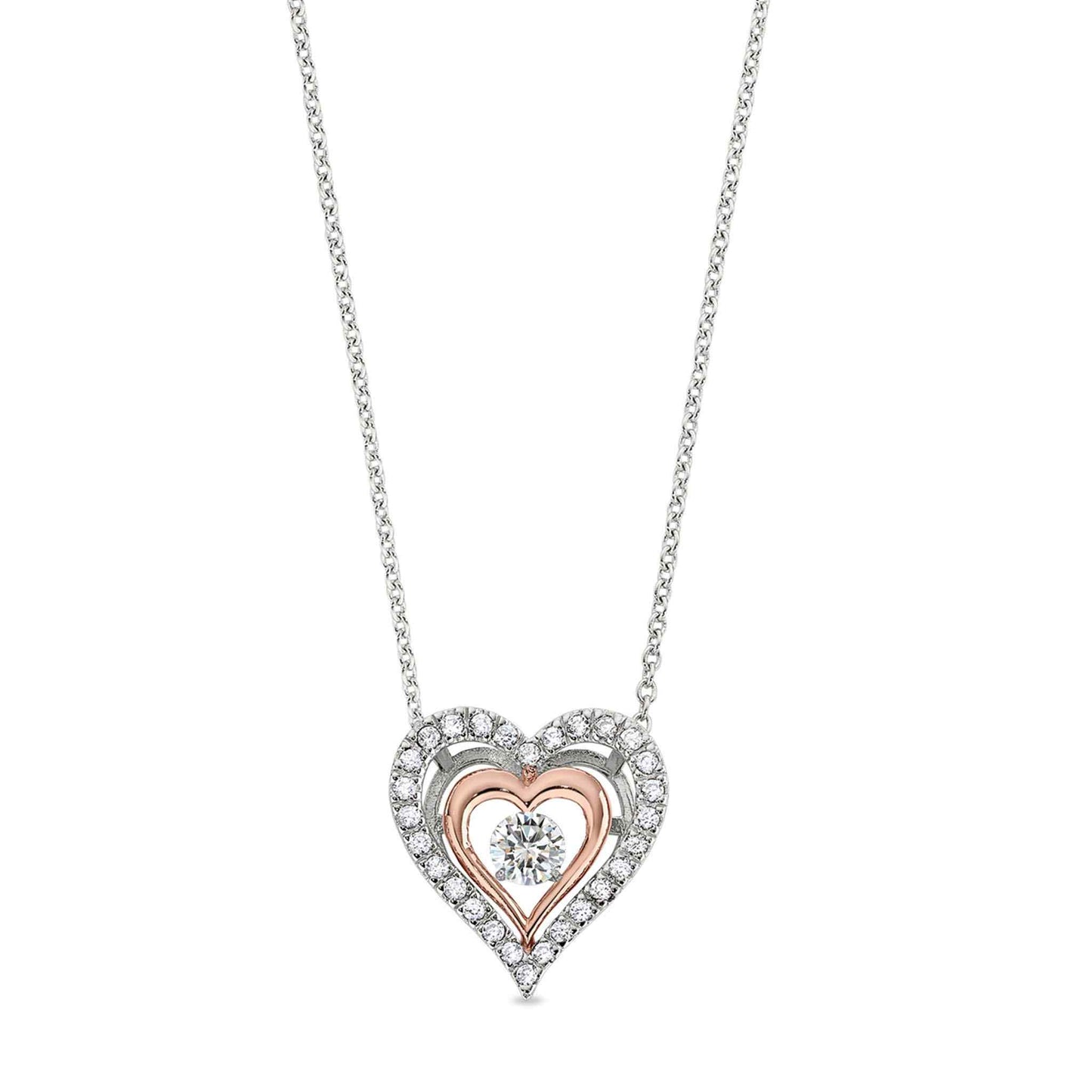 A dancing stone sterling silver heart necklace with simulated diamonds displayed on a neutral white background.