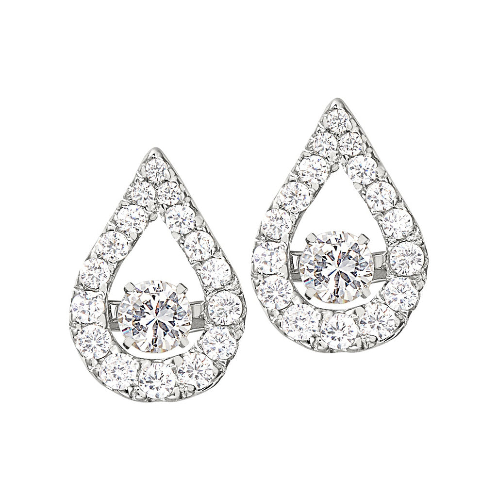 A dancing stone teardrop earrings with simulated diamonds displayed on a neutral white background.