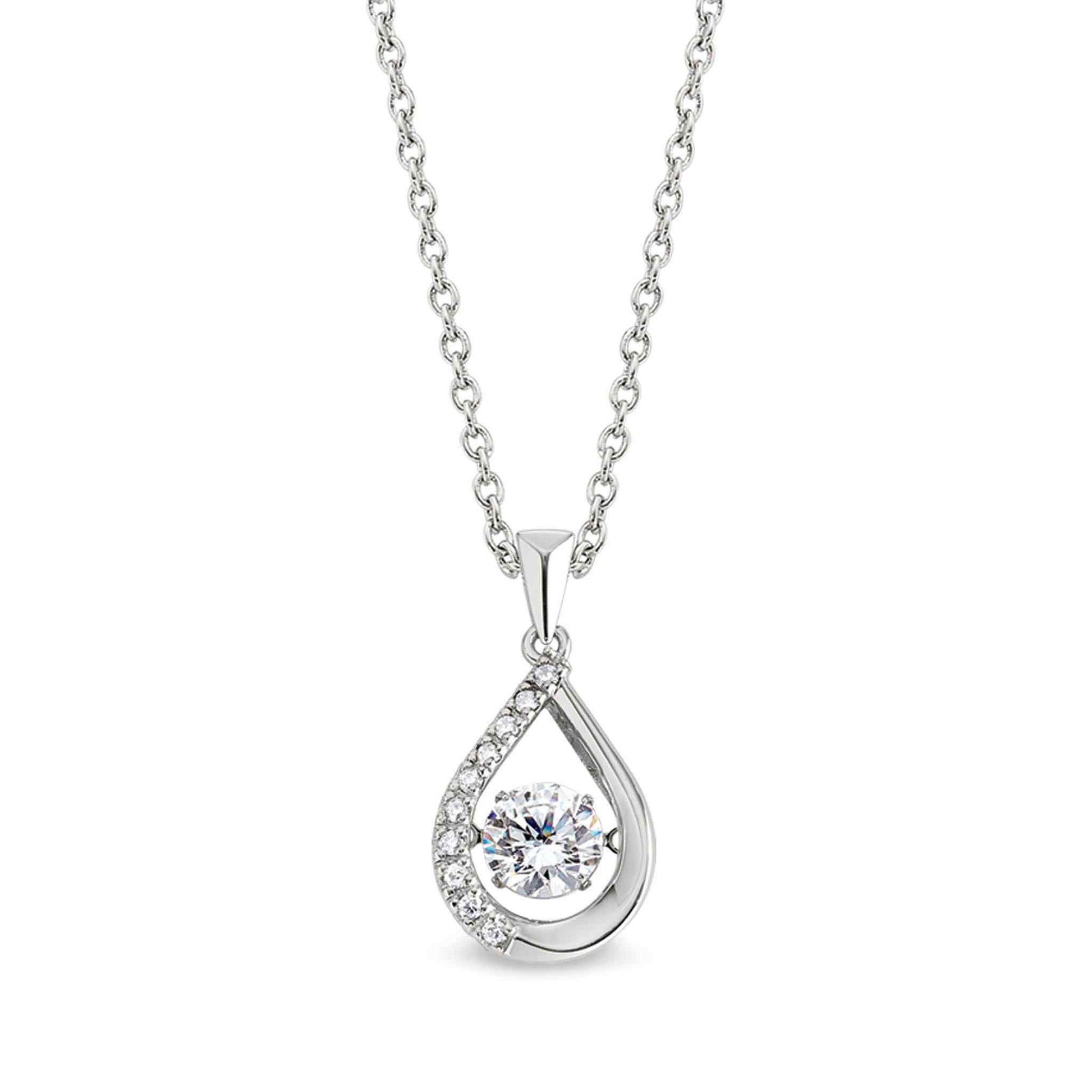 A dancing stone teardrop pendant with simulated diamonds displayed on a neutral white background.
