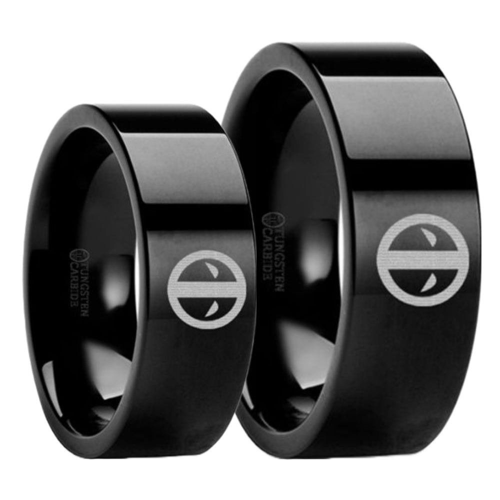 Deadpool Symbol Engraved Black Tungsten Couple's Matching Wedding Band Set